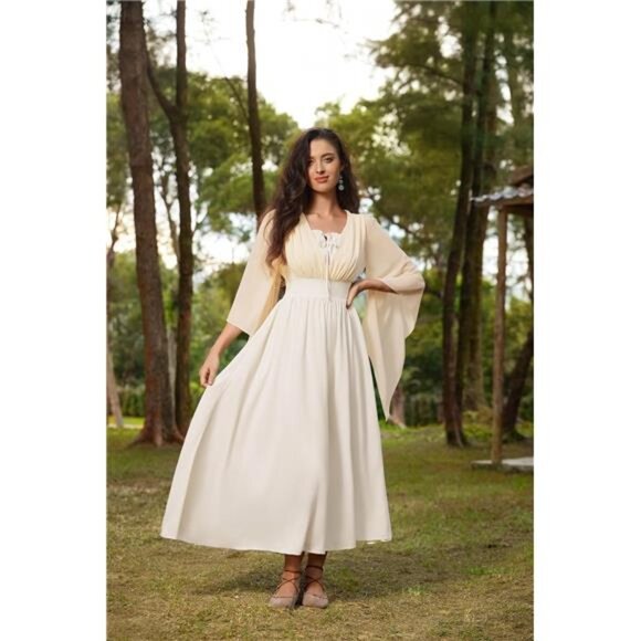 Women Bell Sleeve Fairy Dresses Split Maxi Apricot - Picture 4 of 7